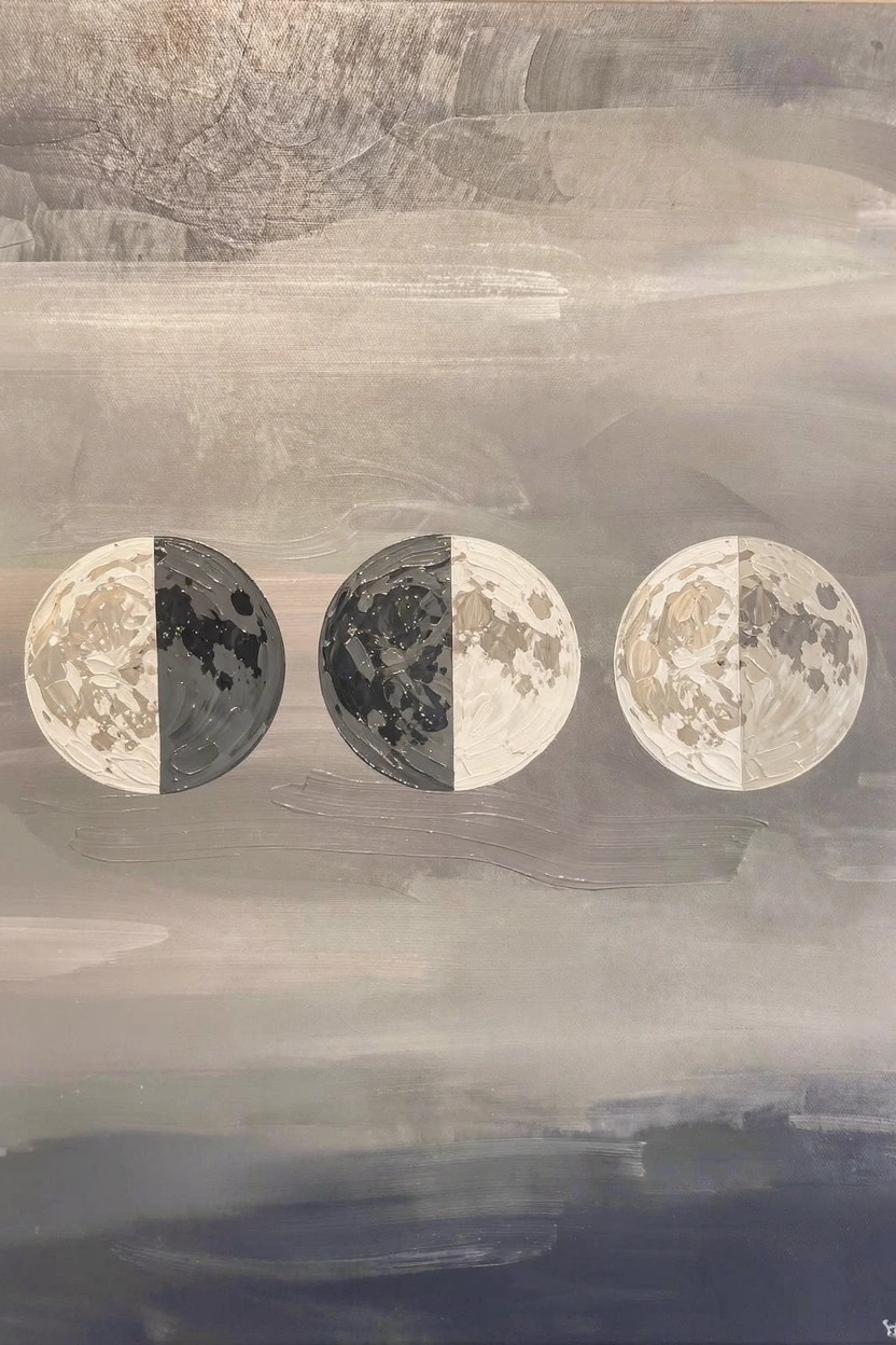 Acrylic painting of three moon phases in black, white, and gray on a horizontal gradient background.