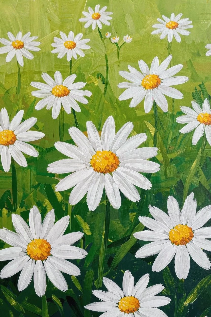 Acrylic painting of numerous overlapping white daisies with yellow centers and green stems on a textured green background.