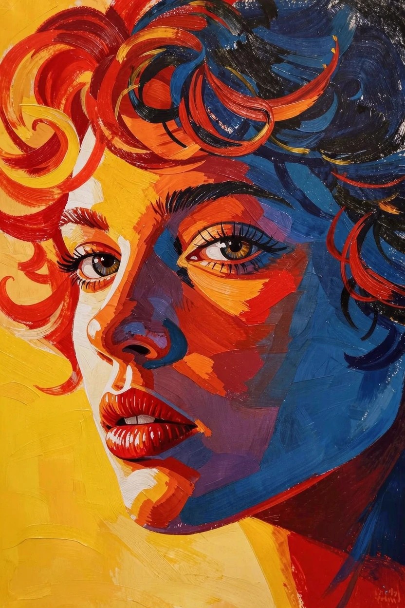 Acrylic portrait of a woman with voluminous red and blue curly hair, dramatic yellow lighting on her face.