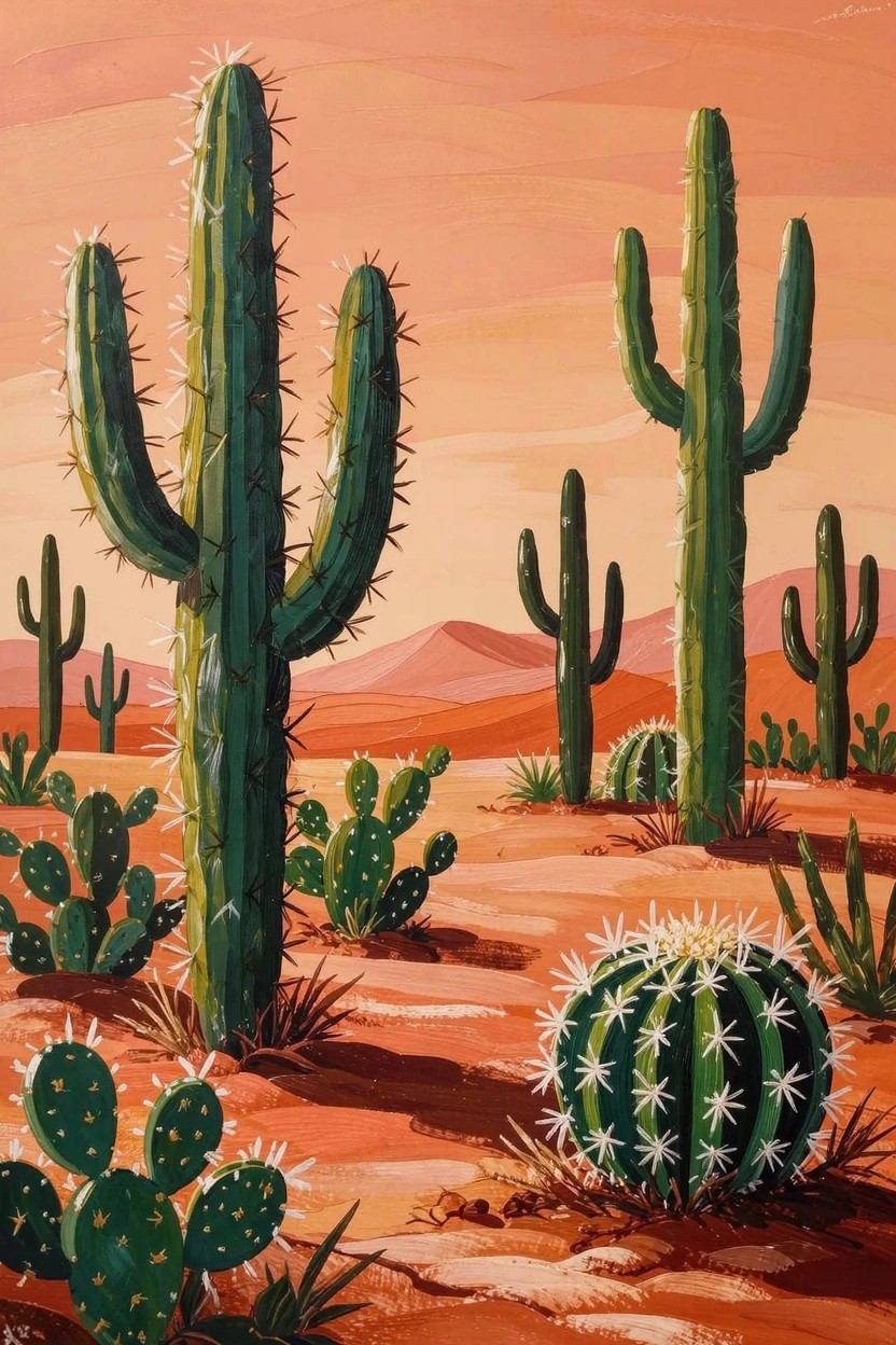 Acrylic painting of various green cacti including saguaros and barrels on orange sandy ground with sunset sky and distant mountains.