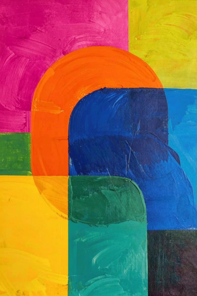 Abstract acrylic painting of interlocking geometric rectangles and curved arcs in vibrant pink, yellow, orange, blue, green, and teal.