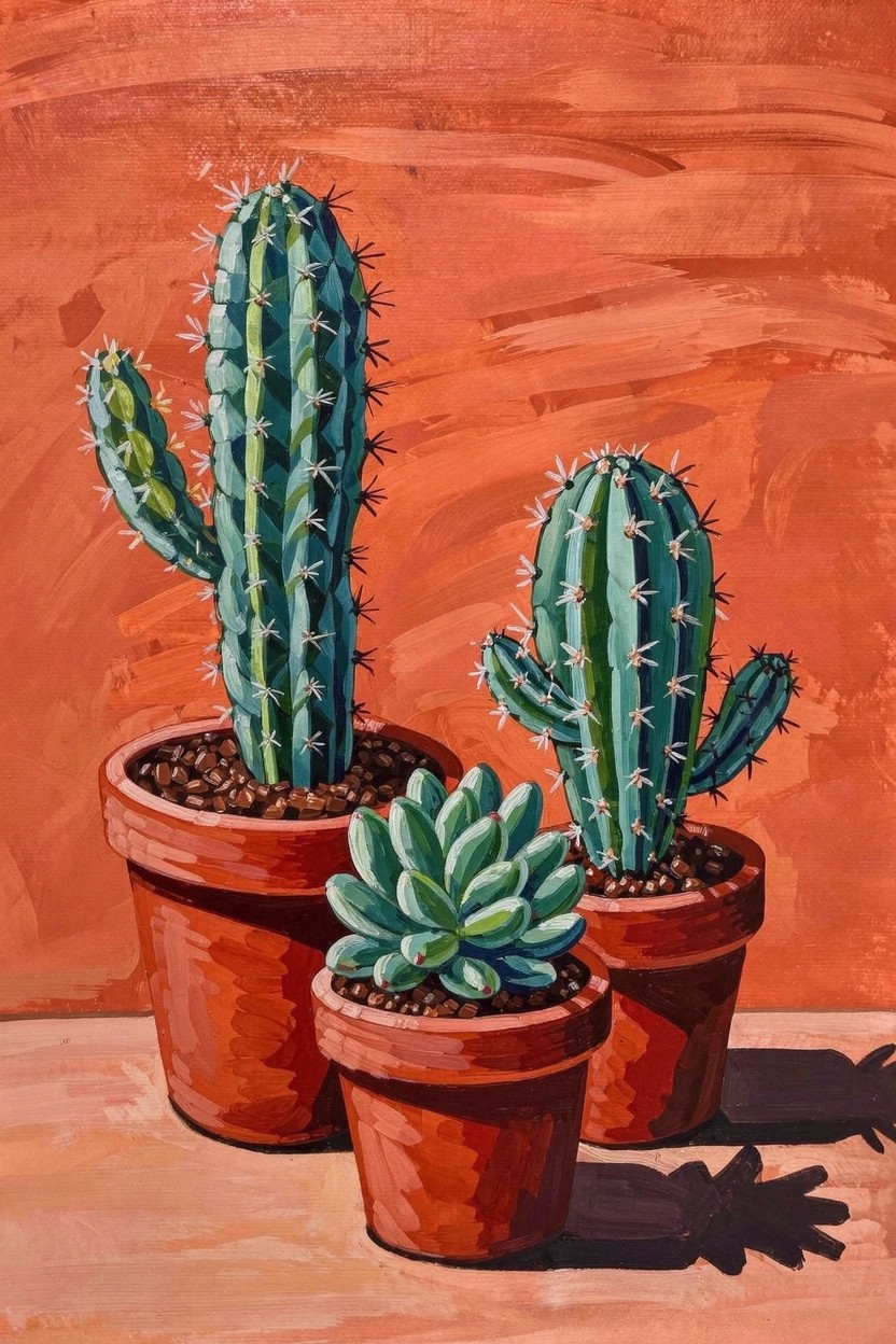 Acrylic painting of three green cacti and one succulent in terracotta pots on a surface against an orange background.