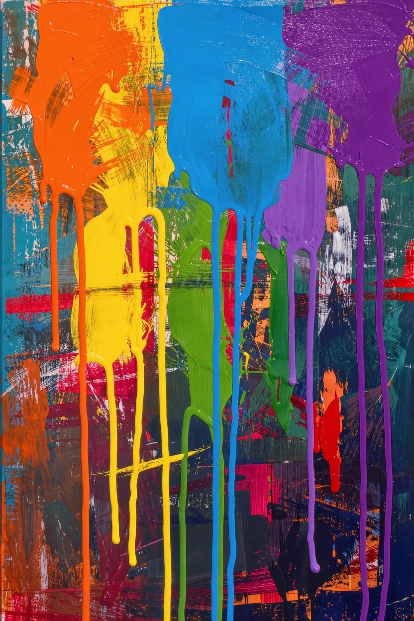 Abstract acrylic painting featuring multicolored blobs and vertical drips in orange, yellow, blue, purple, green, and red hues on a textured canvas.