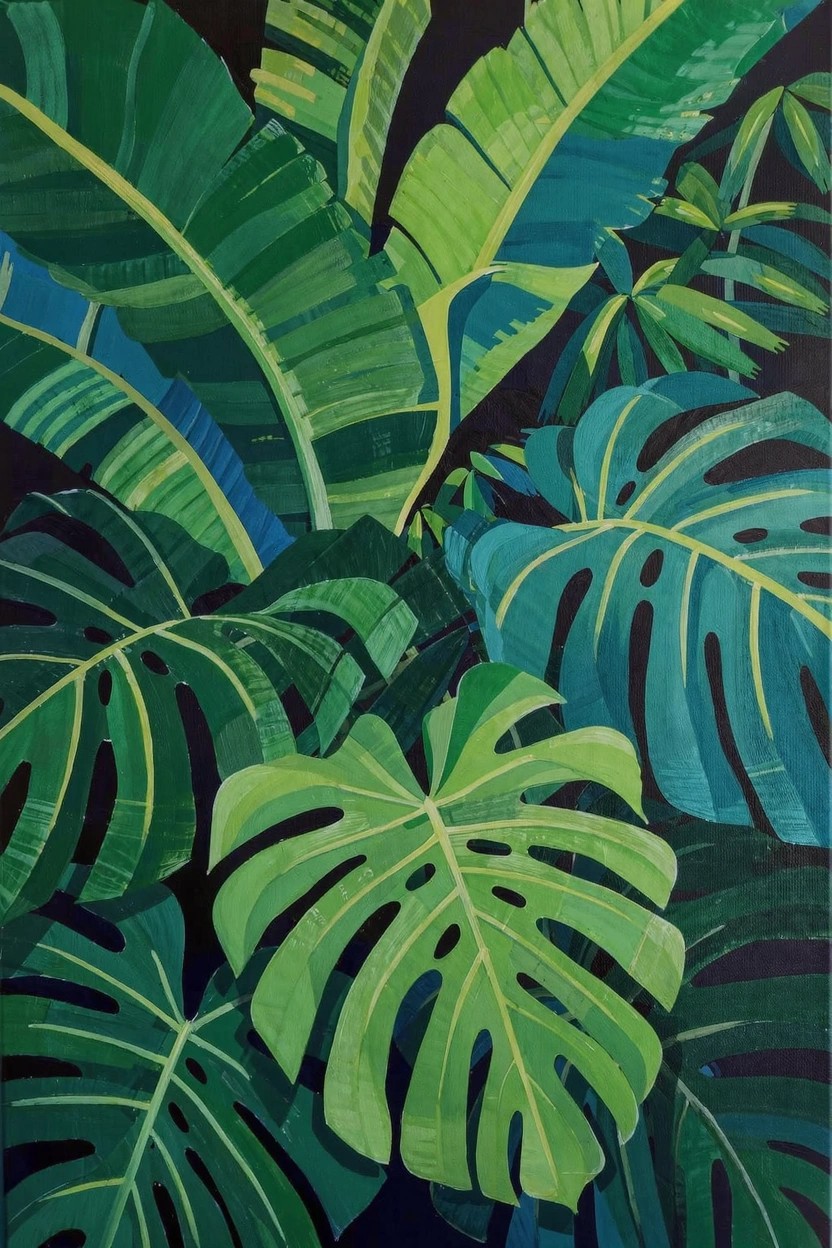 Acrylic painting of overlapping banana leaves and monstera fronds in shades of green against a dark background.