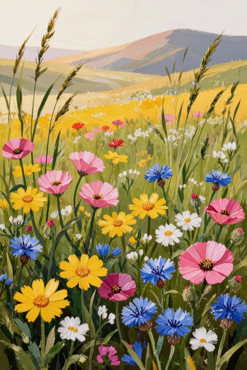 Acrylic painting of dense colorful wildflowers including pink poppies, yellow daisies, and blue cornflowers in a meadow with golden grasses and distant rolling hills.