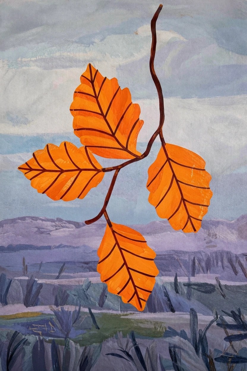 Acrylic painting featuring three orange leaves on a thin brown branch above purple mountains, green fields, and a cloudy blue-gray sky.