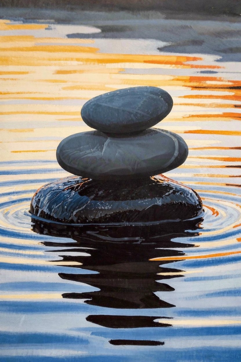Three smooth gray stones stacked and balanced on rippling water with orange sunset reflections and blue tones.