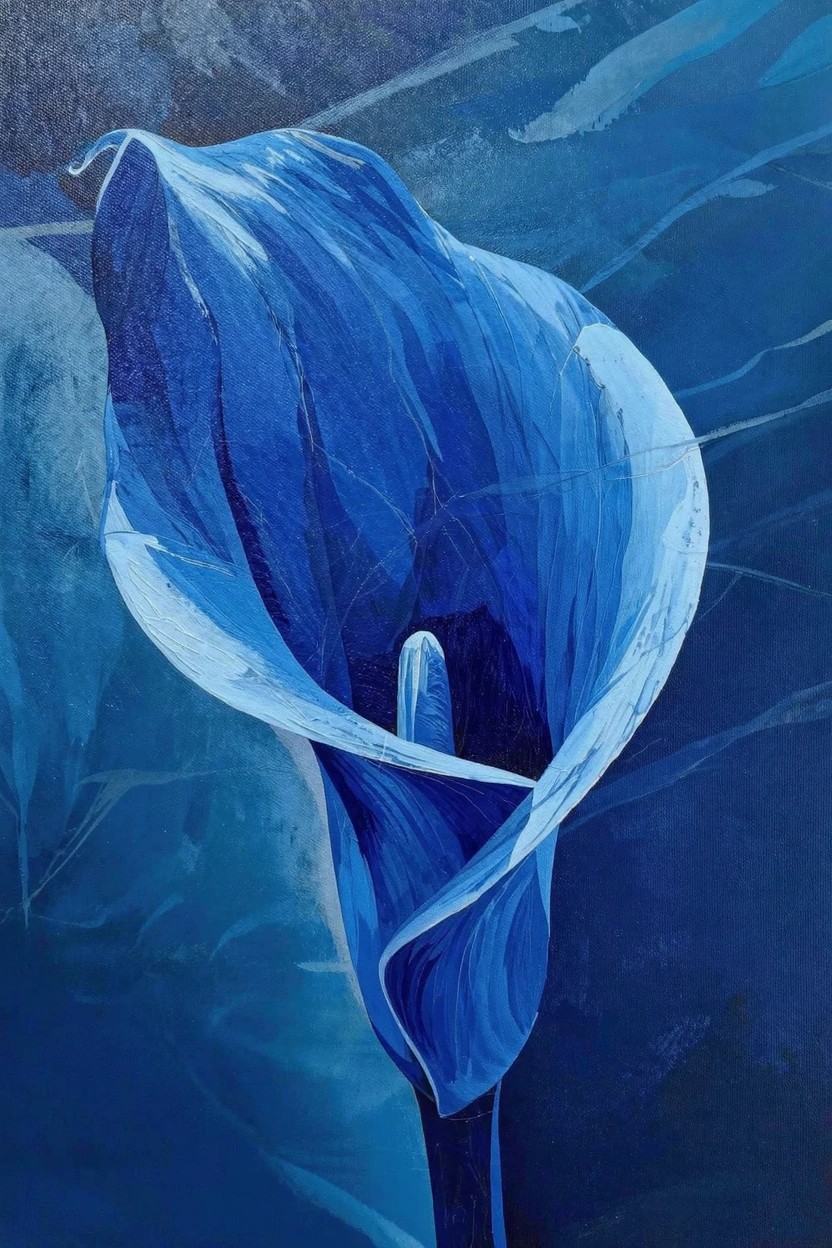 Acrylic painting of a single blue calla lily with curved spathe and white spadix against a dark blue abstract background.