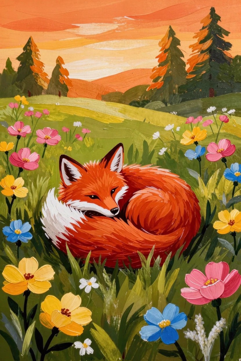 A curled red fox lies in a green meadow filled with colorful wildflowers under an orange sunset sky with pine trees and hills in the background.