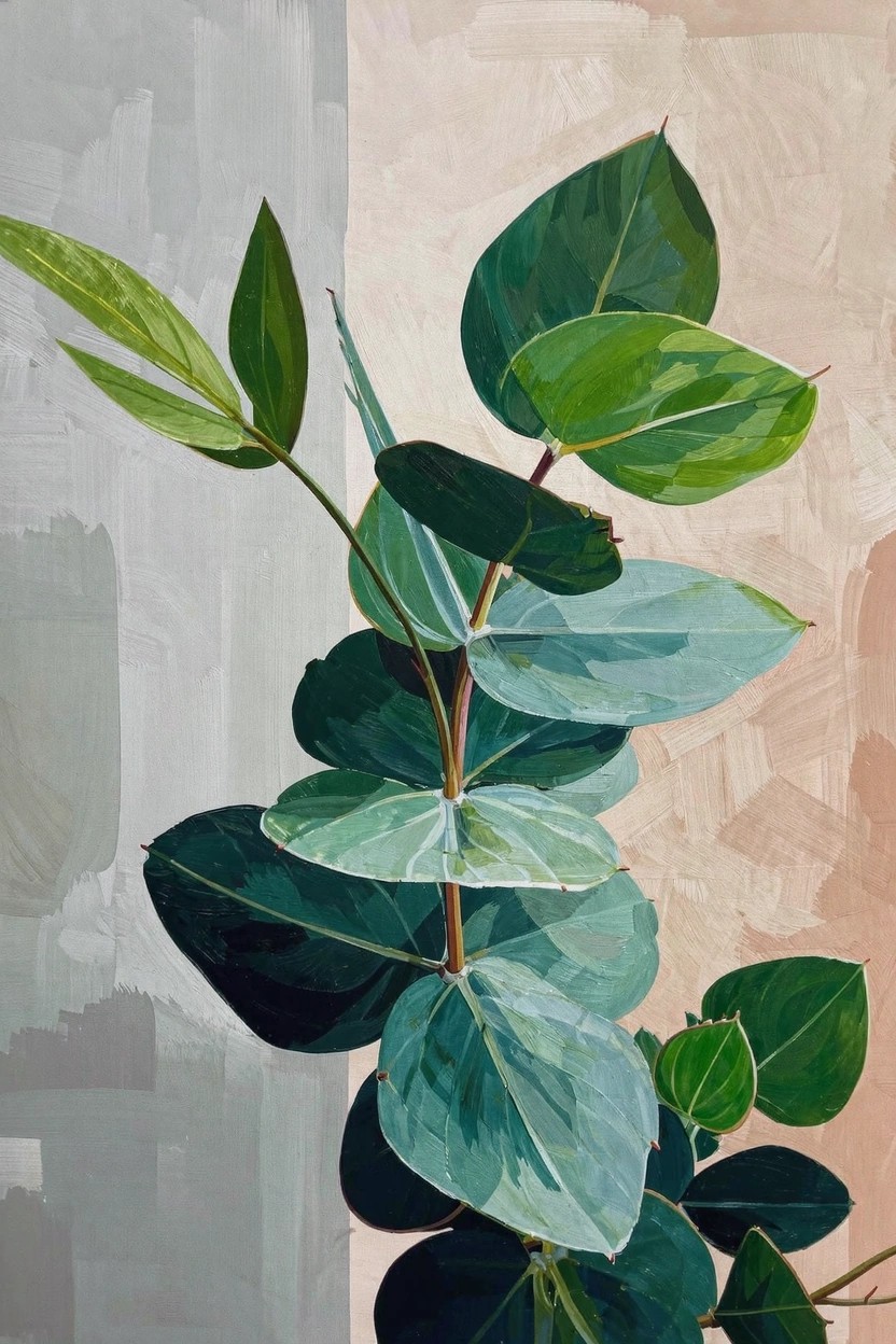 Acrylic painting of overlapping green eucalyptus leaves on a stem against a gray-to-beige gradient background.