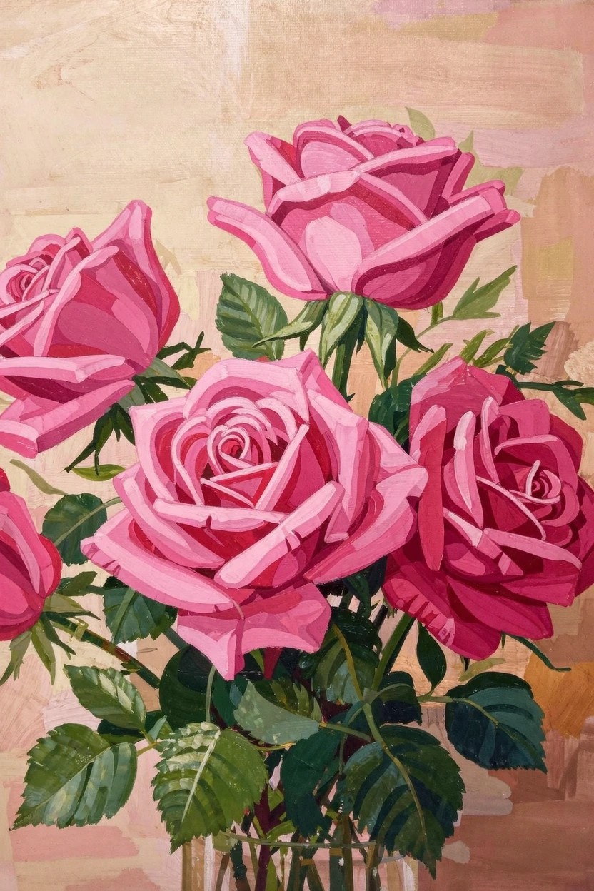 Acrylic painting of several pink roses and green leaves in a clear glass vase on a beige background.