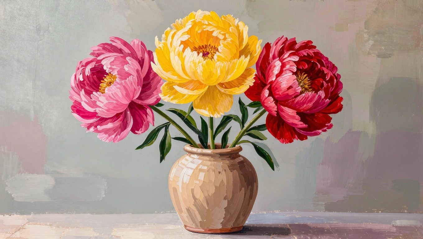 Acrylic still life painting of pink, purple, and white peonies in a green vase on a surface against orange, red, and yellow abstract background blocks.
