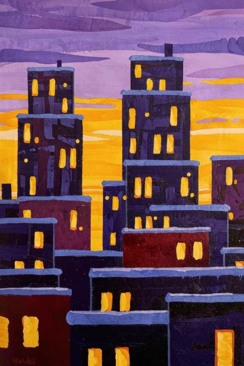 Stylized acrylic painting of dark purple and black city buildings with yellow lit windows silhouetted against a purple-orange sunset sky.