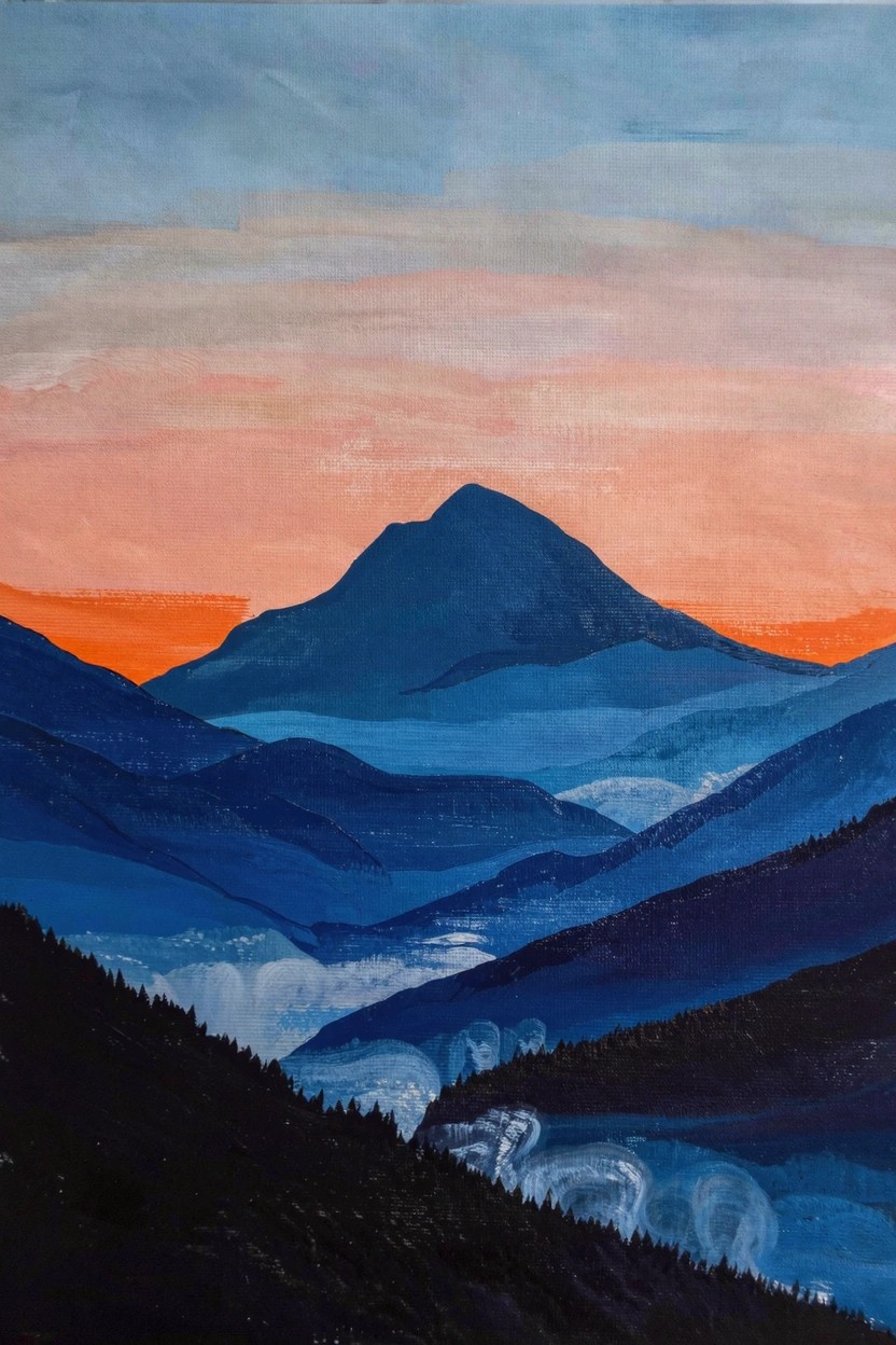 Acrylic painting of layered blue mountains with a dark central peak silhouetted against an orange-pink sunset sky, foreground trees, and white mist.