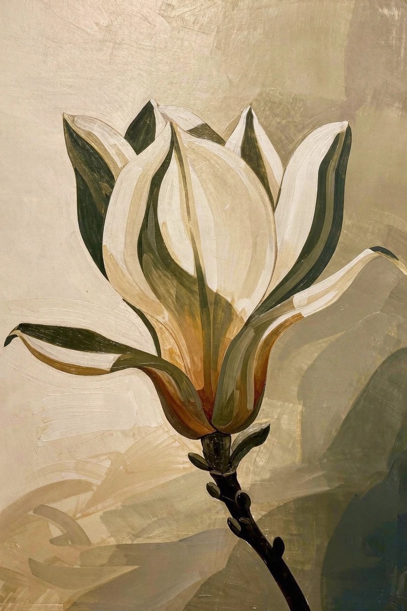 Acrylic painting of a white magnolia flower with green edges and veins on a pale green-gold background.