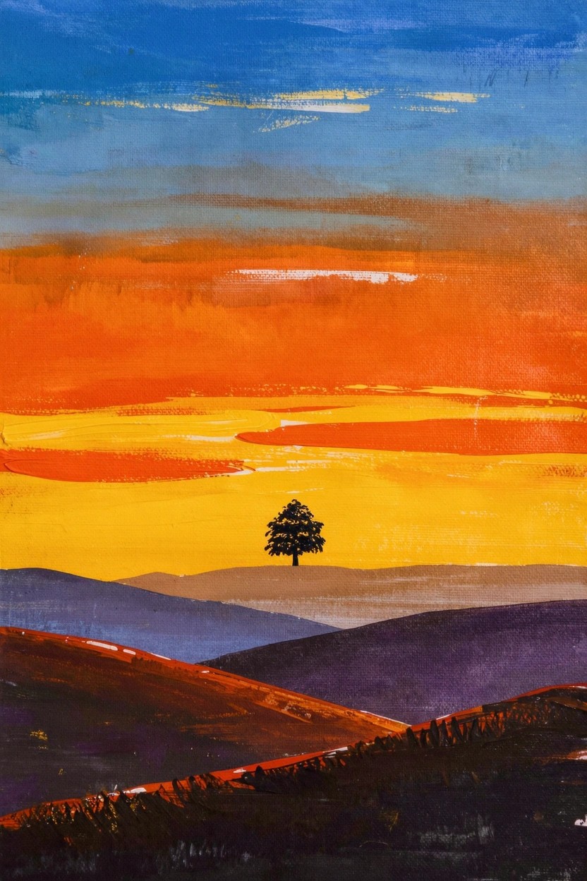 Acrylic painting of a dark silhouetted tree centered against a gradient sunset sky in blues, oranges, and yellows over layered purple and red rolling hills.