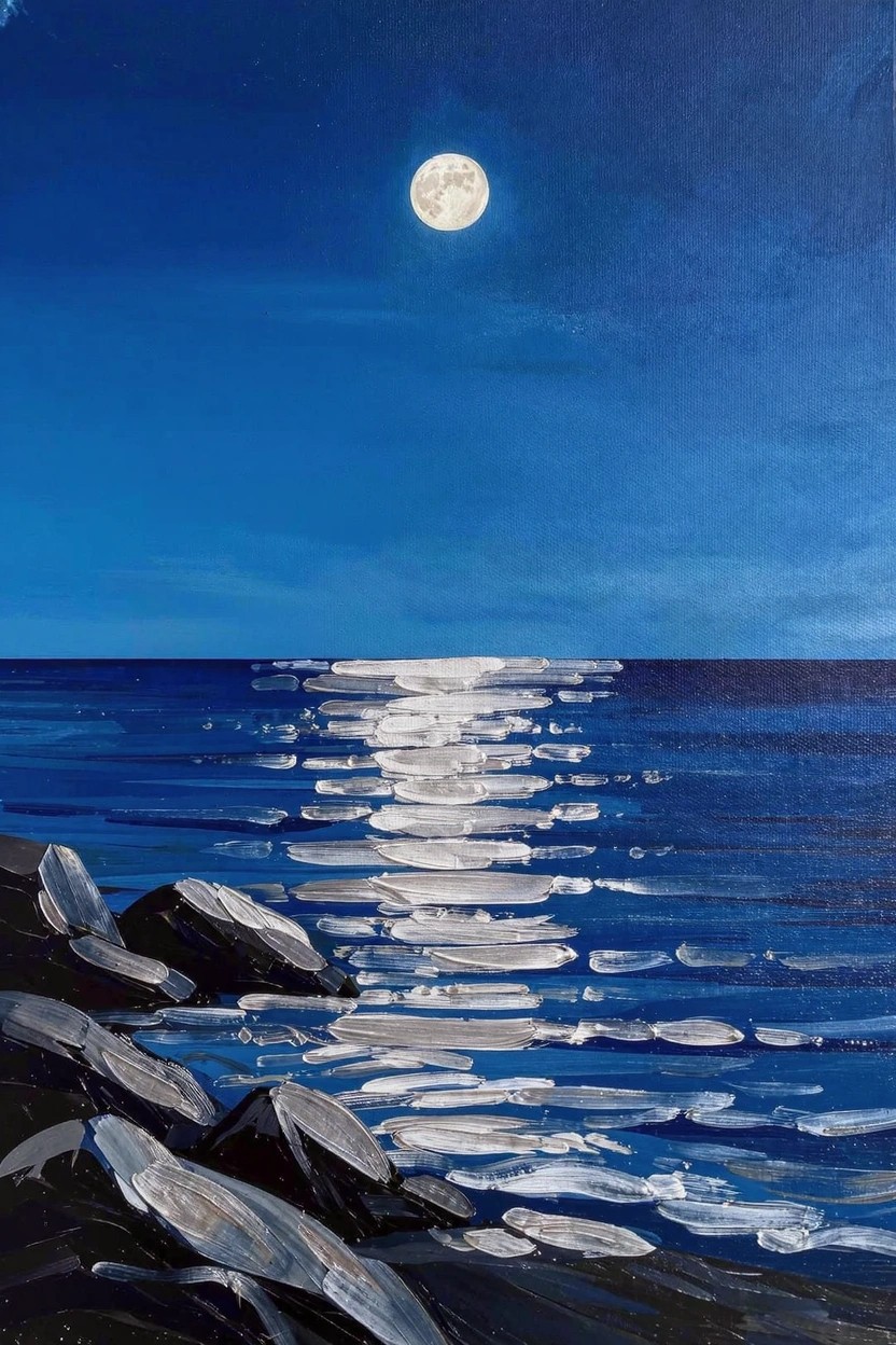 Acrylic painting of a full moon over a dark blue ocean with a light reflection path on the water and textured foreground rocks.