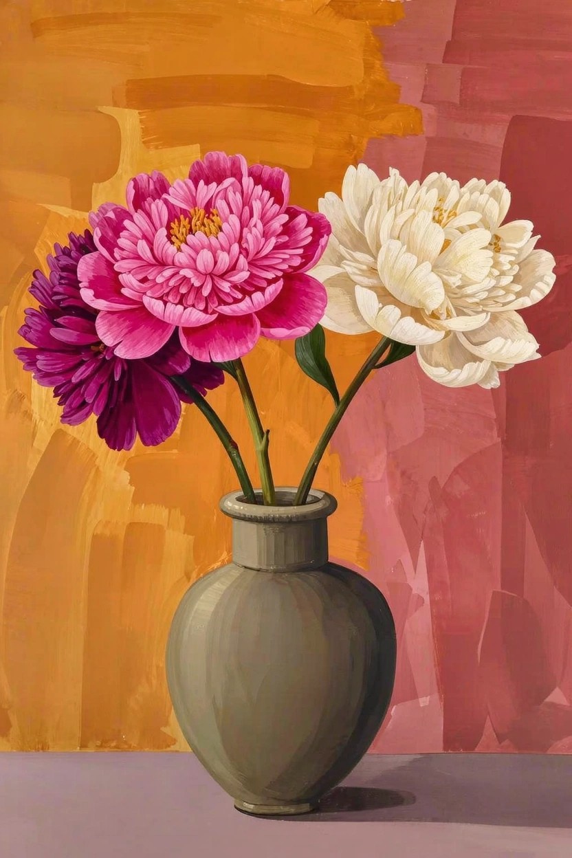 Acrylic still life painting of pink, purple, and white peonies in a green vase on a surface against orange, red, and yellow abstract background blocks.