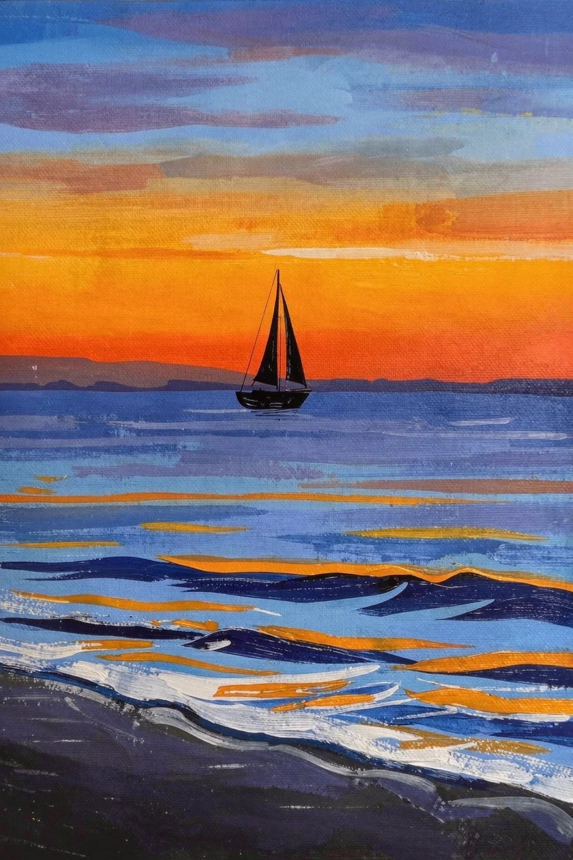 Acrylic painting of a dark sailboat on blue water with orange sunset sky, rippling waves, and dark beach foreground.