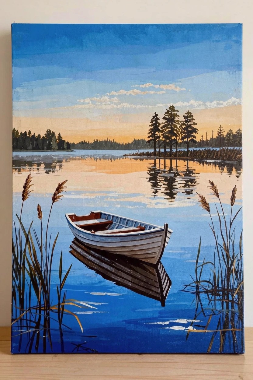 Acrylic painting of a white rowboat floating on a reflective lake at sunset, with reeds in front, pine trees on shore, and blue-orange sky.