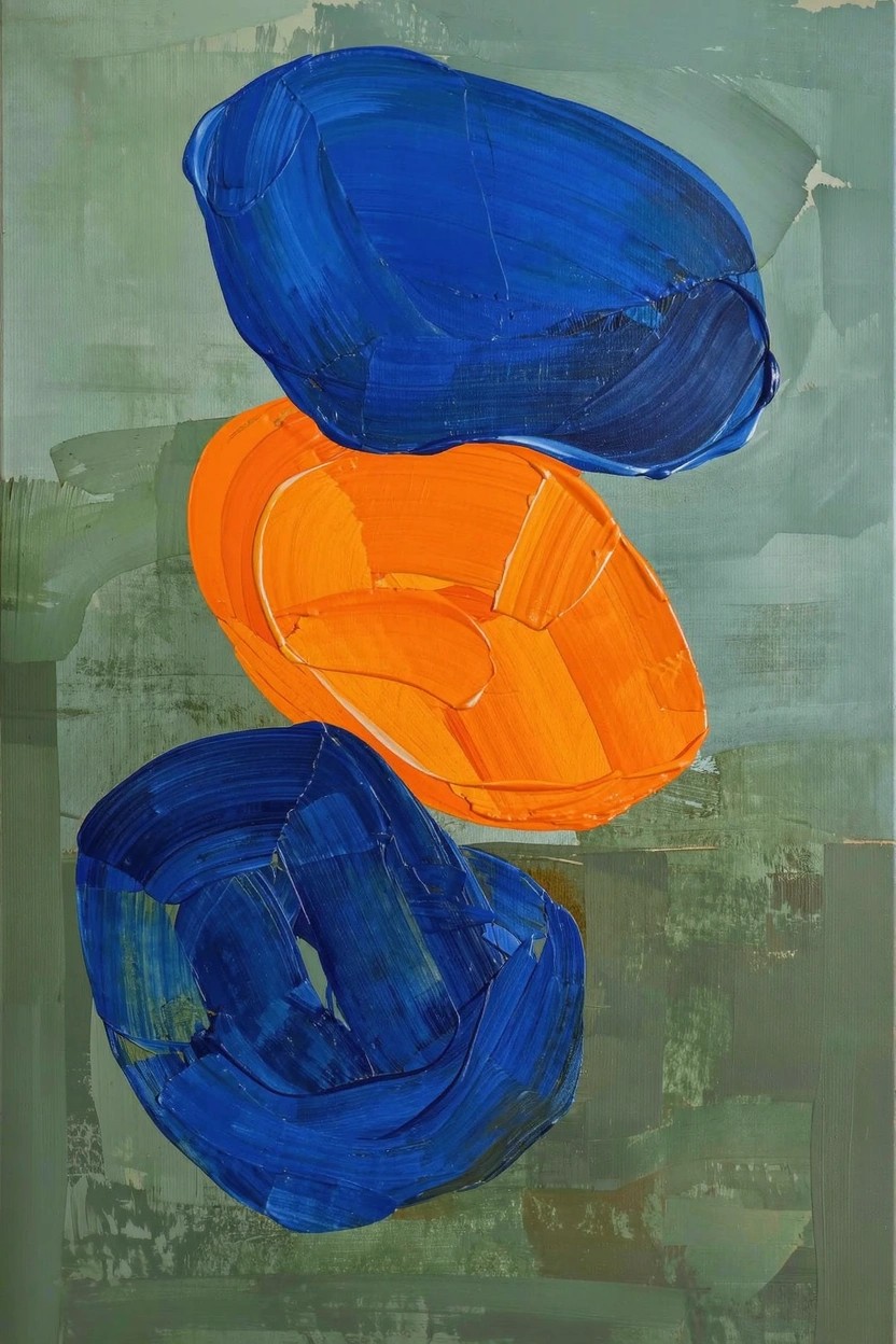 Abstract acrylic painting with three overlapping rounded shapes in blue and orange on a textured green-gray background.