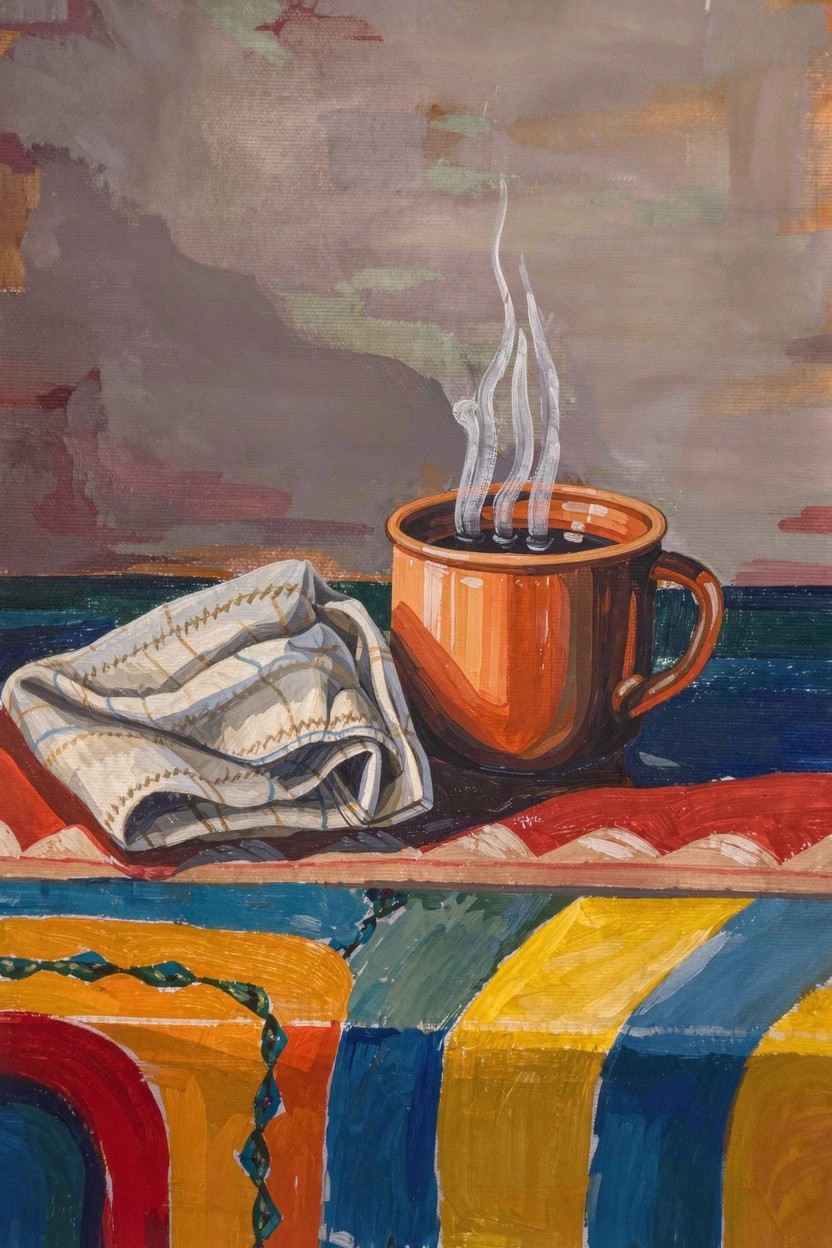 Acrylic painting of an orange mug with steaming black coffee next to a folded white napkin on a colorful patterned surface against a gray background.