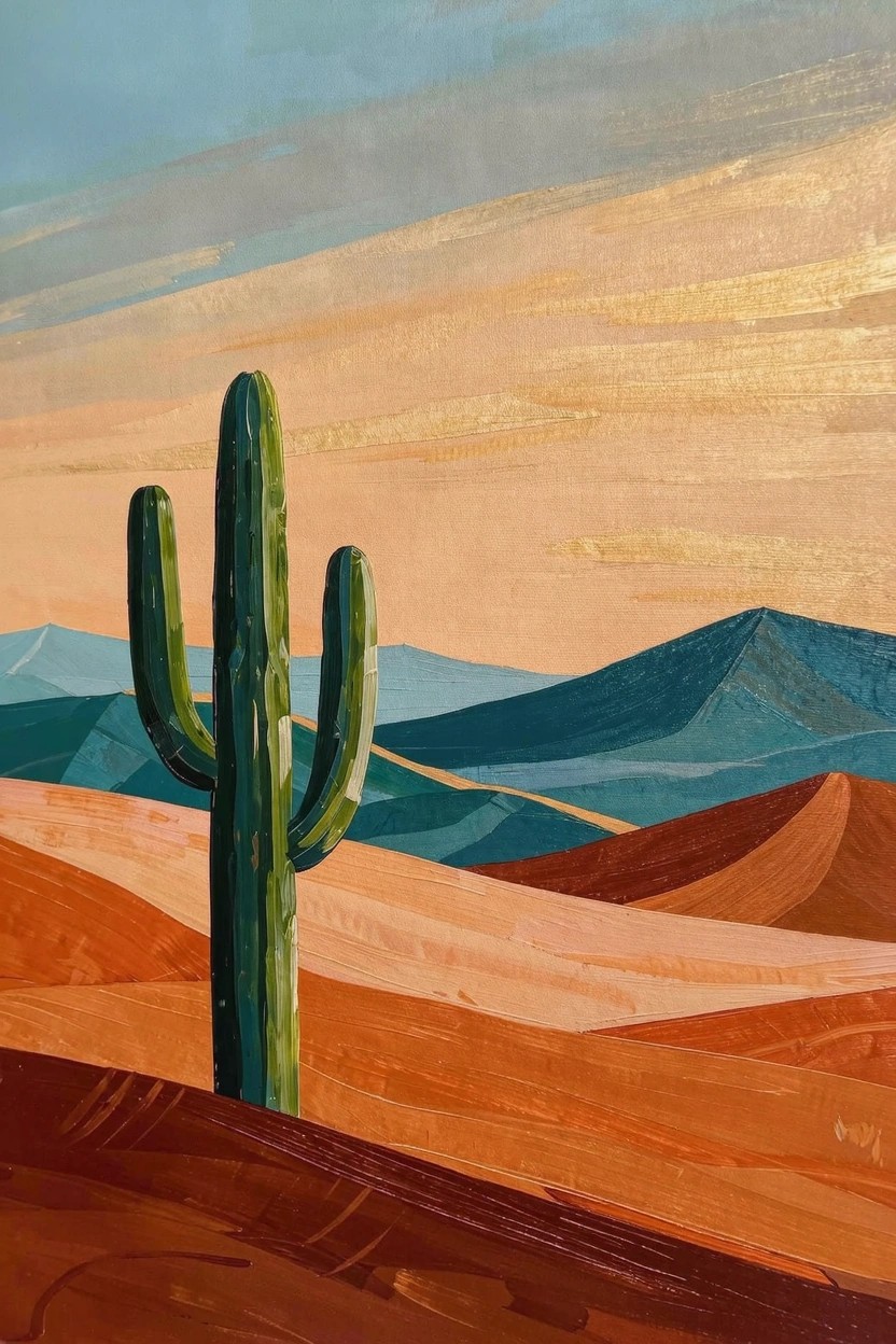 Stylized acrylic painting of a tall green saguaro cactus standing on orange desert dunes with golden sunset sky and blue mountains behind.