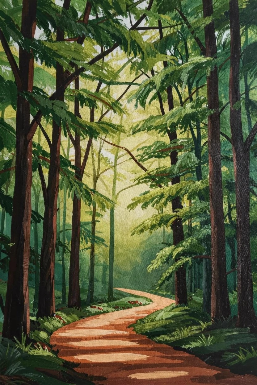 Vertical painting of a curving red path through tall green trees with sunlight filtering through the canopy.
