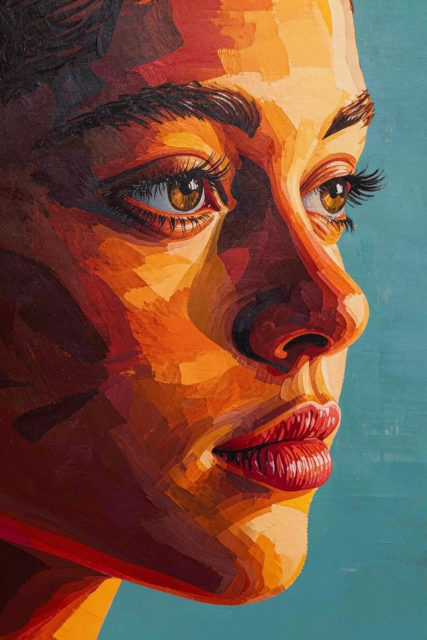 Close-up acrylic portrait of a woman's profile rendered in geometric blocks of orange, yellow, red, and brown on a teal background.
