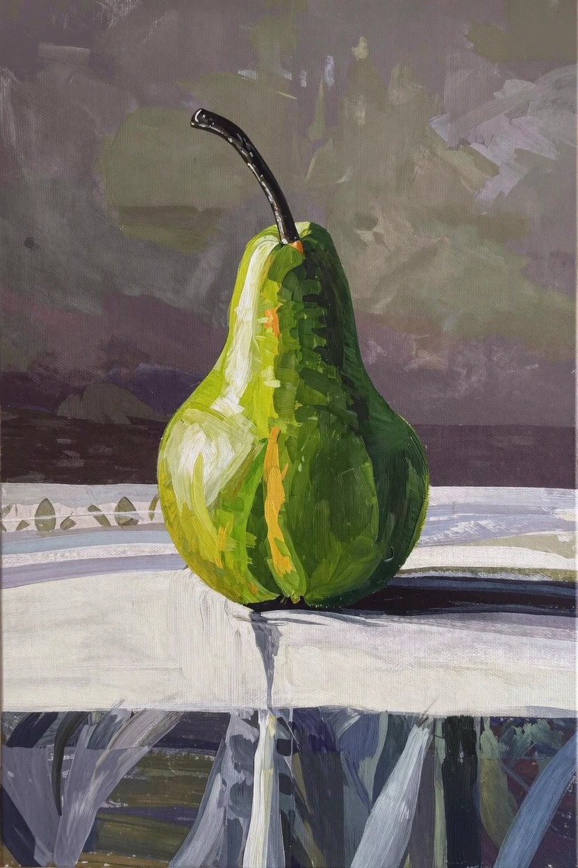 Acrylic painting of a green pear with stem on a white reflective table, casting a shadow against a dark purple-gray background.