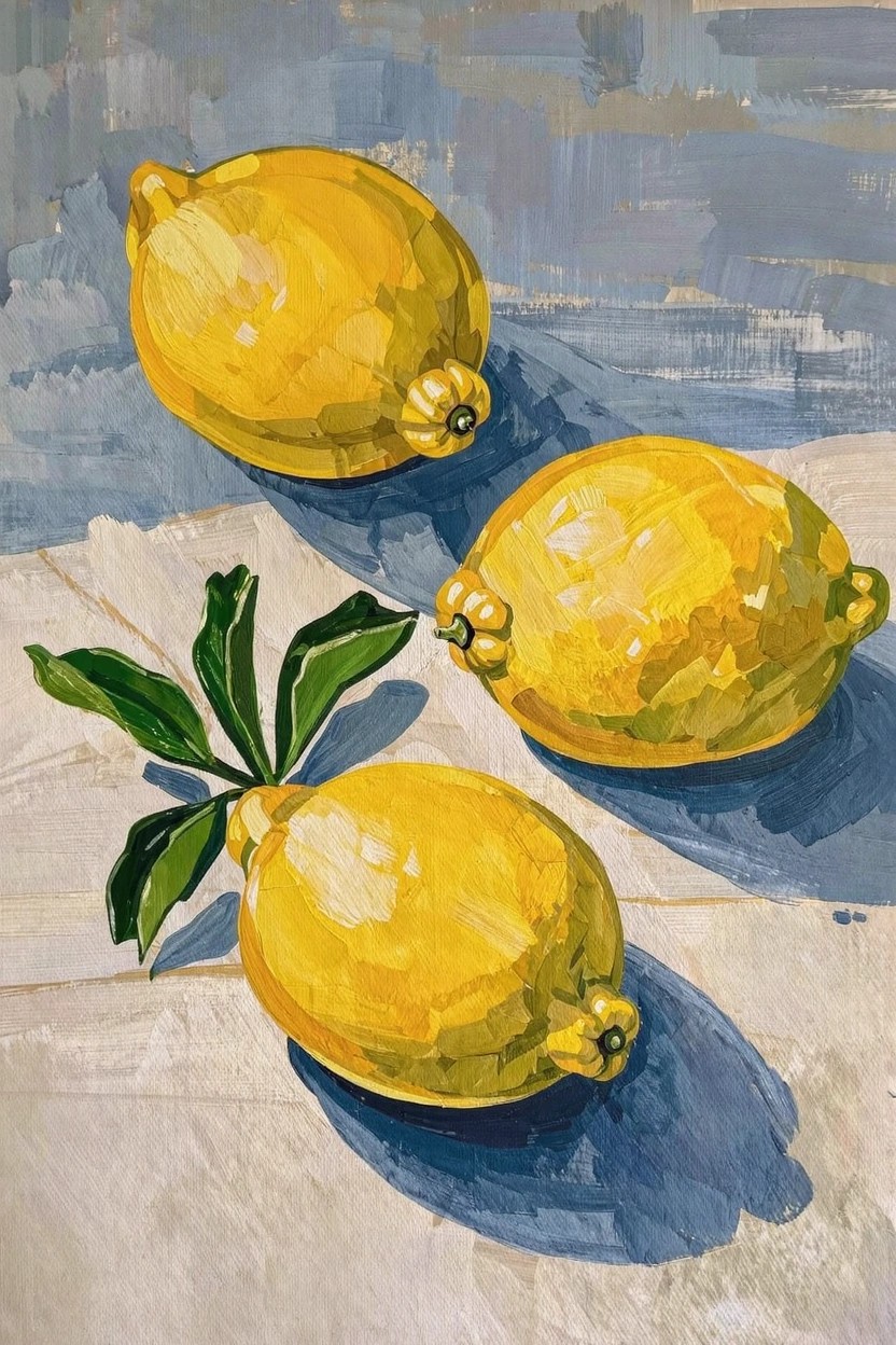 Acrylic painting of three yellow lemons and green leaves arranged on a light surface against a blue-gray background.