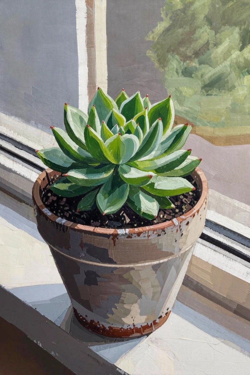 Acrylic painting of a green succulent with red leaf tips in a terracotta pot on a windowsill with blinds and outdoor view behind.
