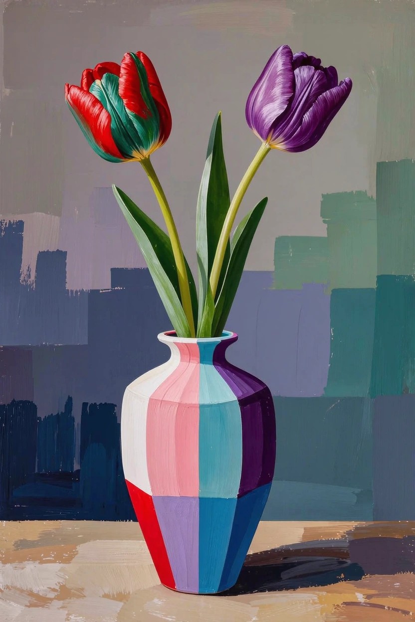 Acrylic painting of a red tulip and purple tulip in a pink-white-blue-purple geometric vase against a geometric gray-green-blue background.