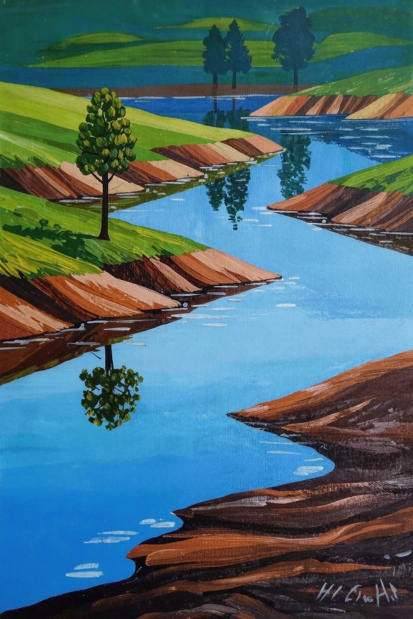 Acrylic painting of a blue river winding through green terraced hills with orange rocky banks, green trees, and reflections in the water.