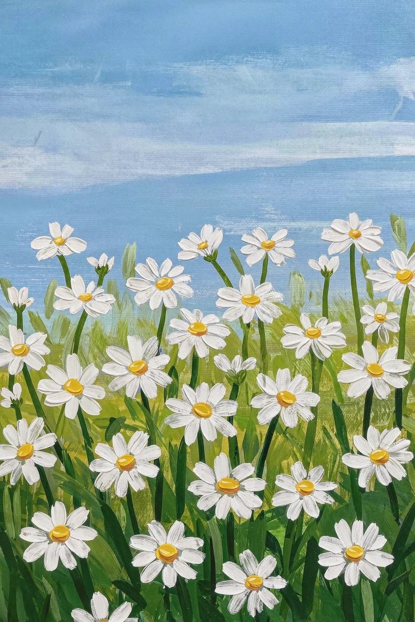 Acrylic painting of white daisies with yellow centers and green stems in a field against a blue sky with clouds.