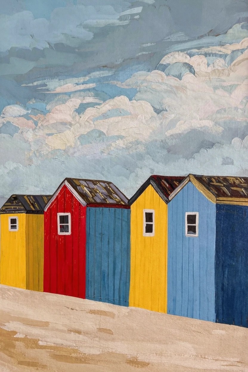 Row of four colorful vertical beach huts in yellow, red, yellow, and blue on sand under a cloudy sky.