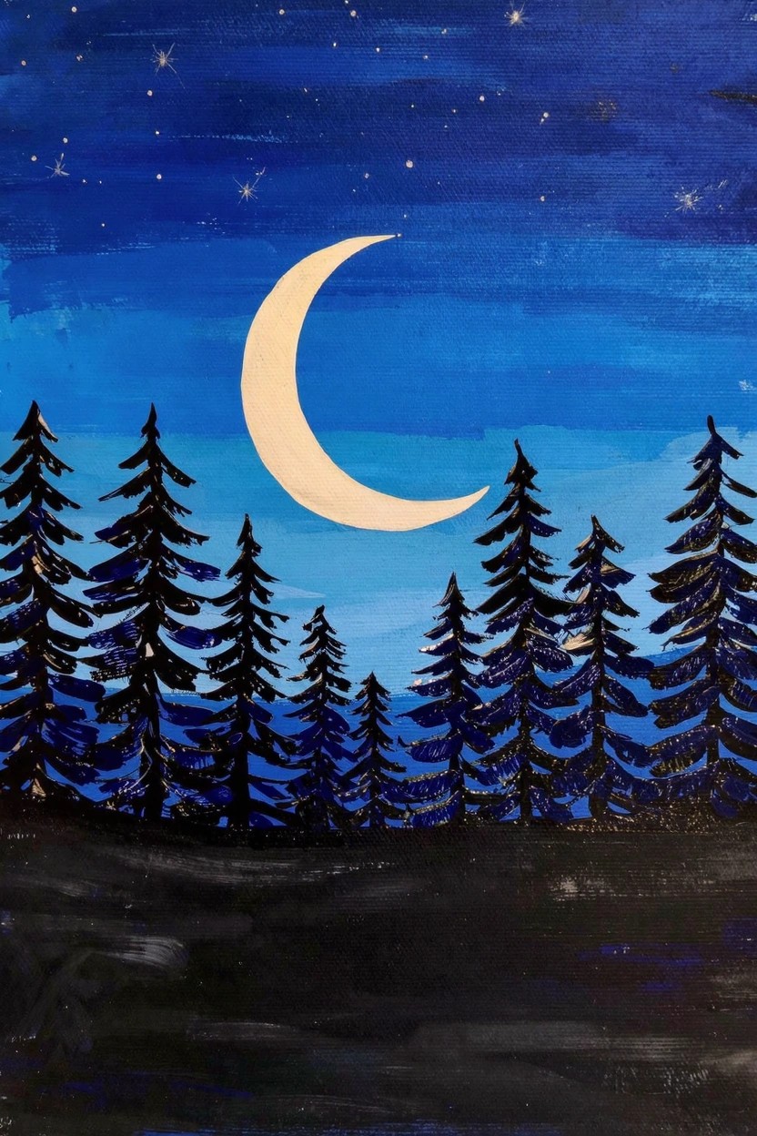 Acrylic painting of a white crescent moon and white stars in a blue gradient night sky above black silhouetted pine trees on dark ground.