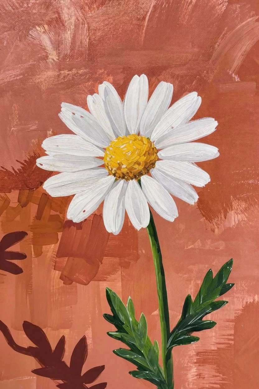 Acrylic painting of a white daisy with yellow center, green stem, and leaves against a textured reddish-orange background.