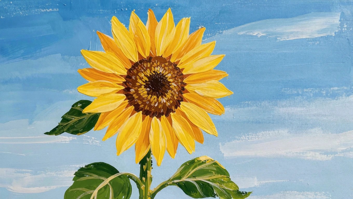 Acrylic painting of a yellow sunflower on a green stem with one leaf, set against a teal background and beige ground with visible brushstrokes.