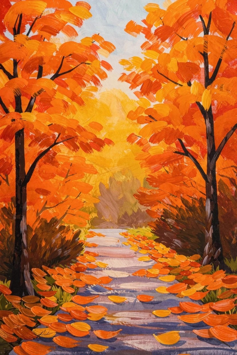 Acrylic painting of a winding path covered in orange leaves between two tall trees with fiery fall foliage, blue sky above, and bushes on the sides.