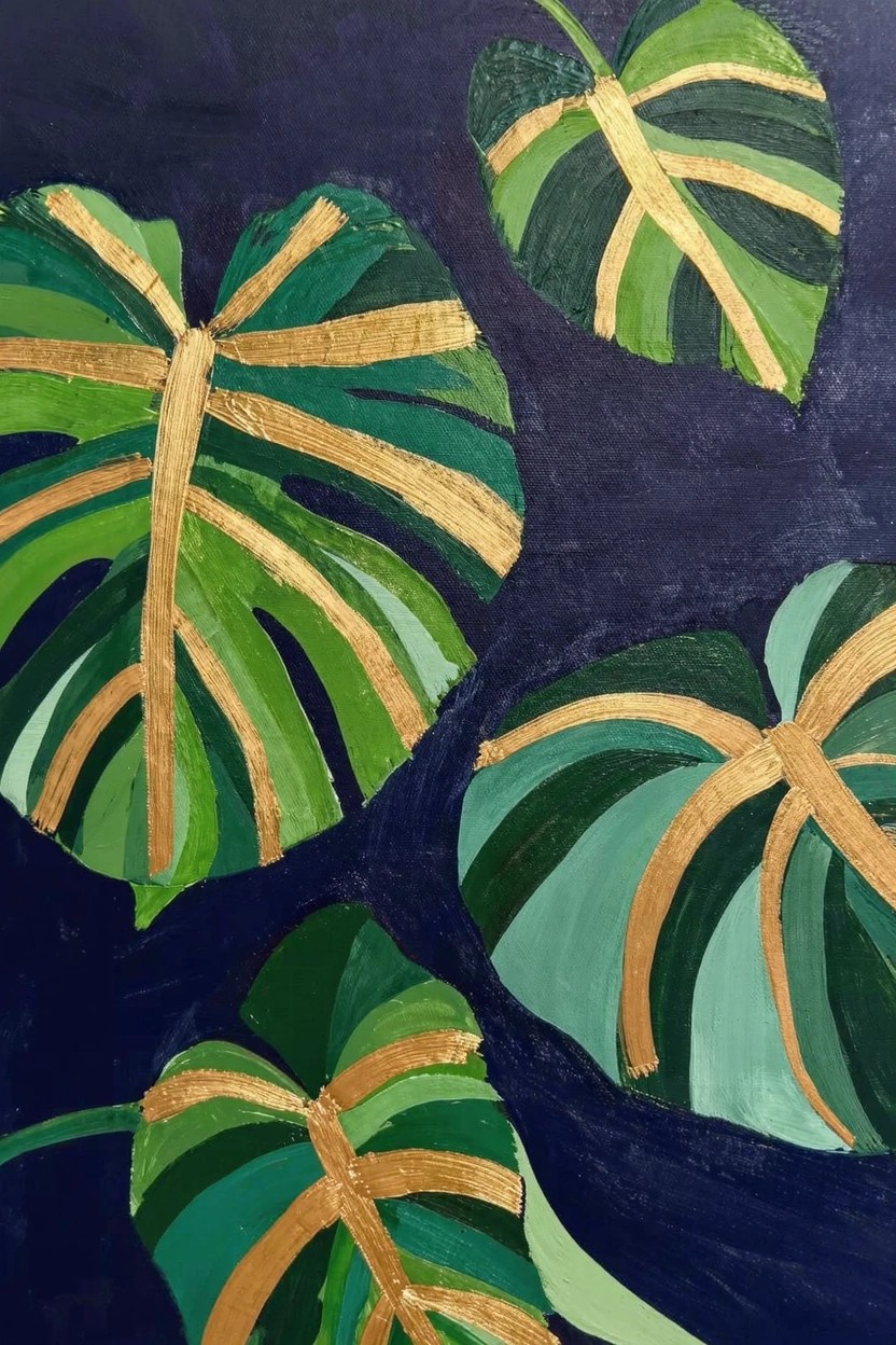 Acrylic painting of overlapping green monstera leaves with gold stripes and veins on a dark navy background.