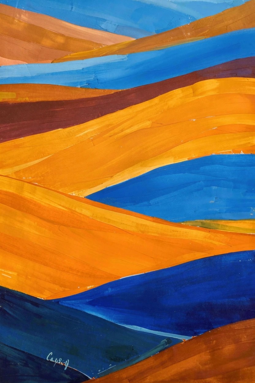 Abstract acrylic painting with layered wavy bands of orange, yellow, brown, blue, and purple resembling rolling desert hills.