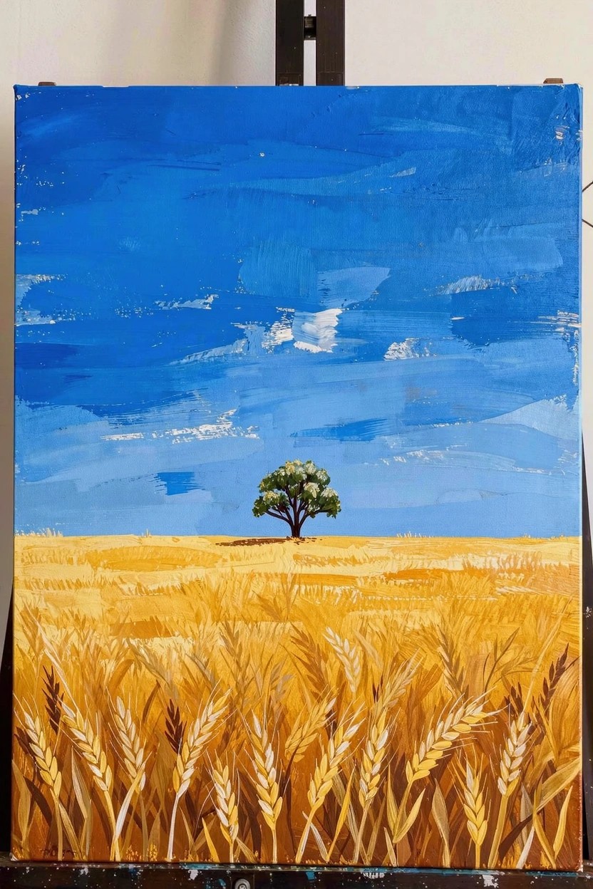 Acrylic painting of a solitary green tree in a yellow wheat field beneath a blue sky with clouds.