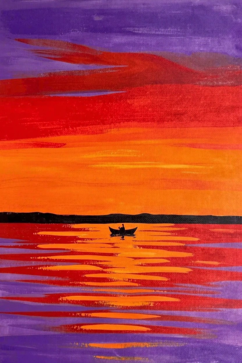 Acrylic painting of a purple-to-orange sunset sky and matching water reflections with a small black boat and figure silhouette centered on the lake.