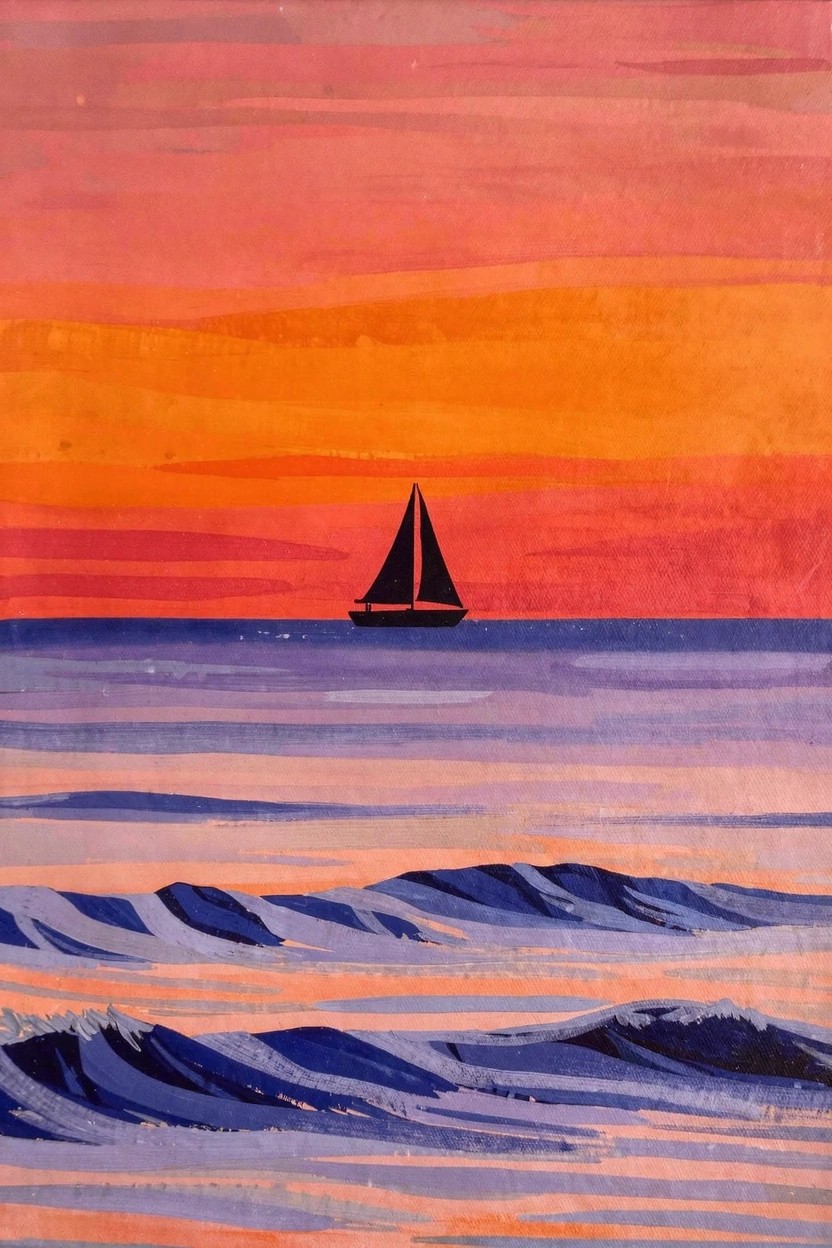 Dark sailboat silhouette centered on wavy purple ocean against a gradient pink-orange-purple sunset sky.