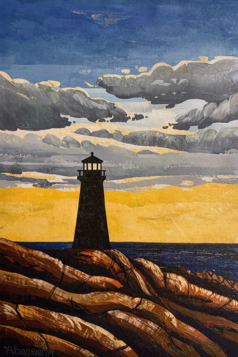 Acrylic painting of a dark lighthouse silhouetted on reddish wavy rocks against a cloudy blue-to-yellow sky and dark sea.