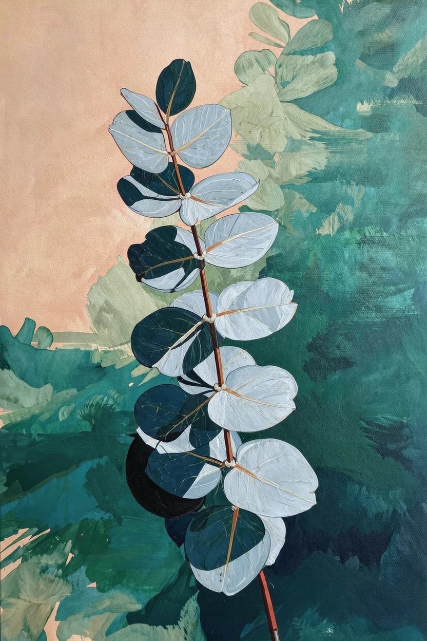 Vertical acrylic painting of a eucalyptus stem with round silvery-blue leaves against blended green and peach background.