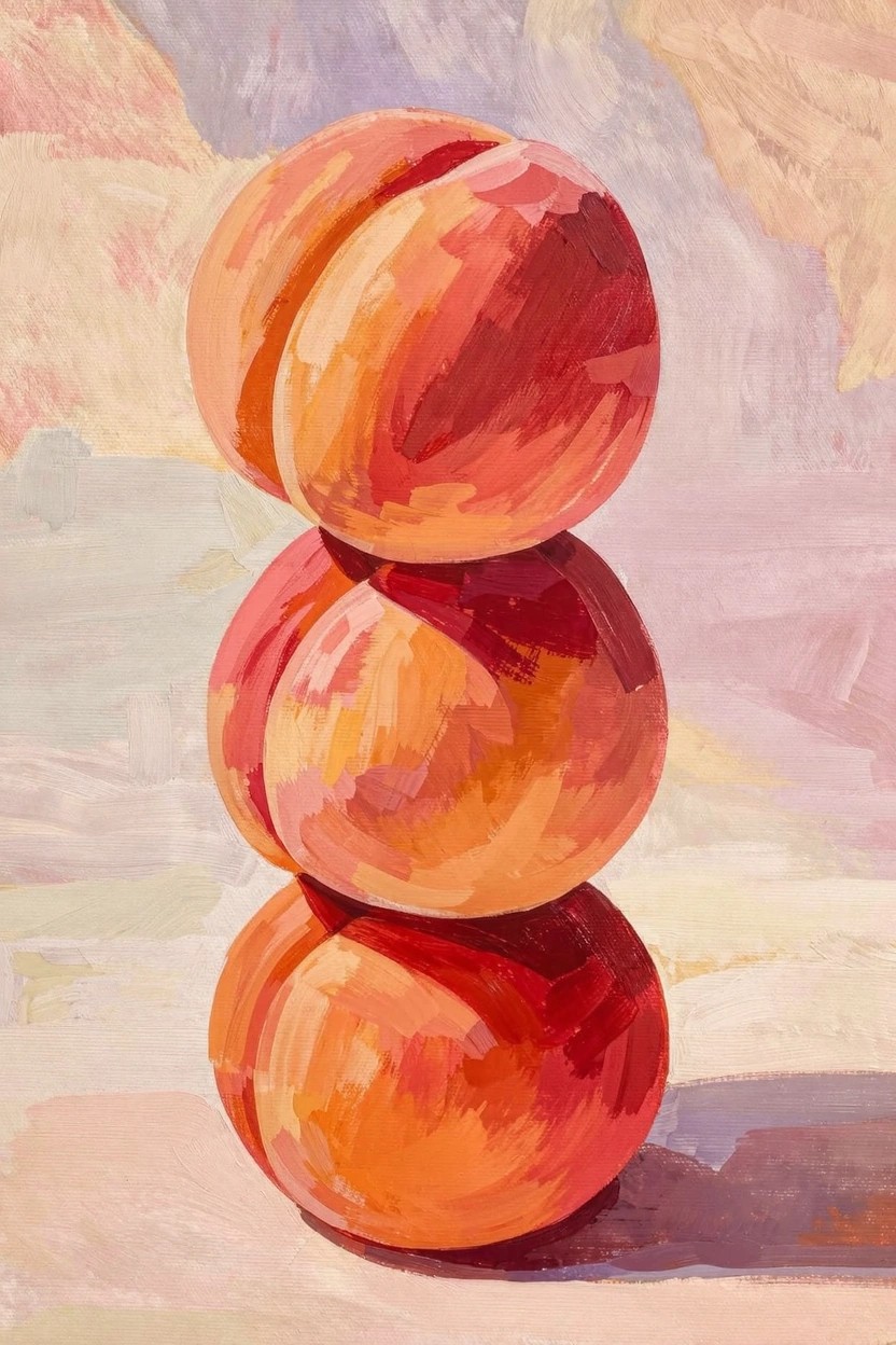 Acrylic painting of three stacked orange peaches with red highlights on a soft purple-pink-yellow gradient background.