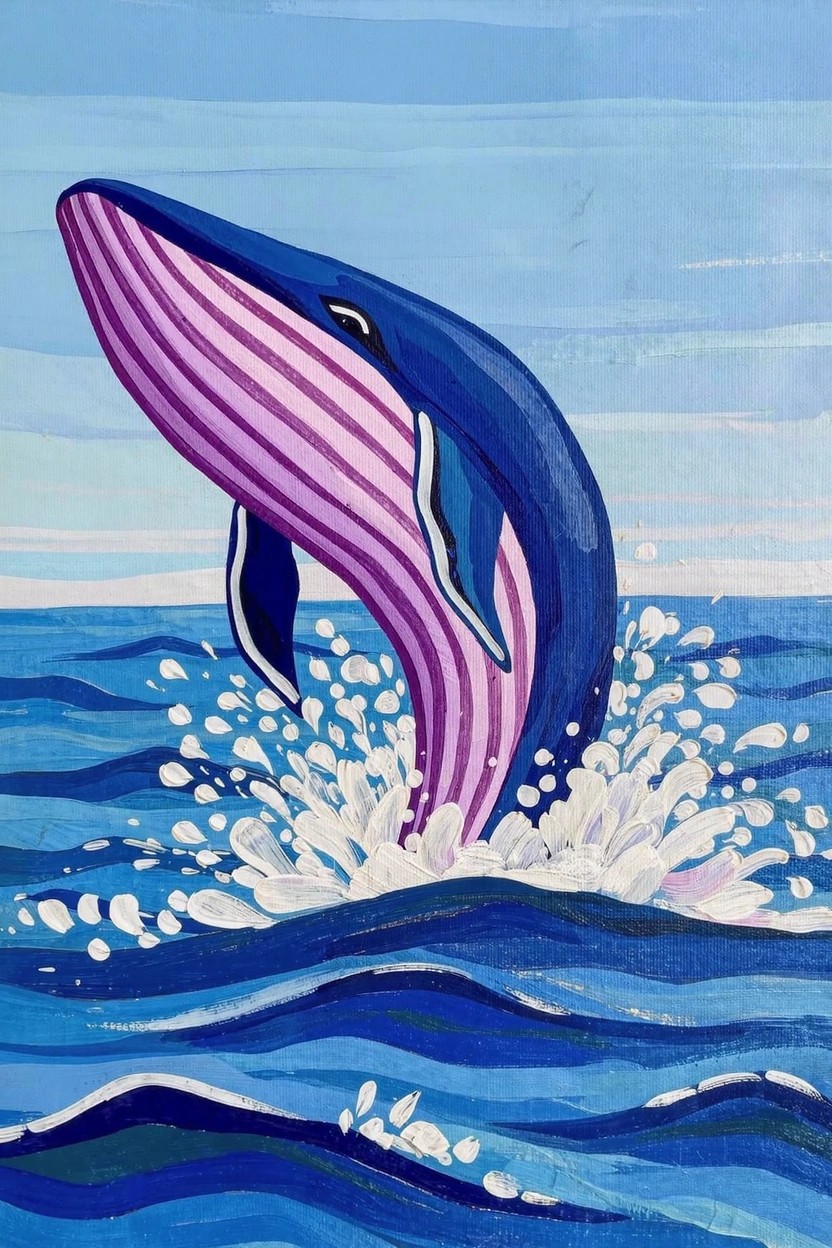 A graphic blue whale with purple stripes jumps from blue ocean waves with white splashes in a flat-style acrylic painting.