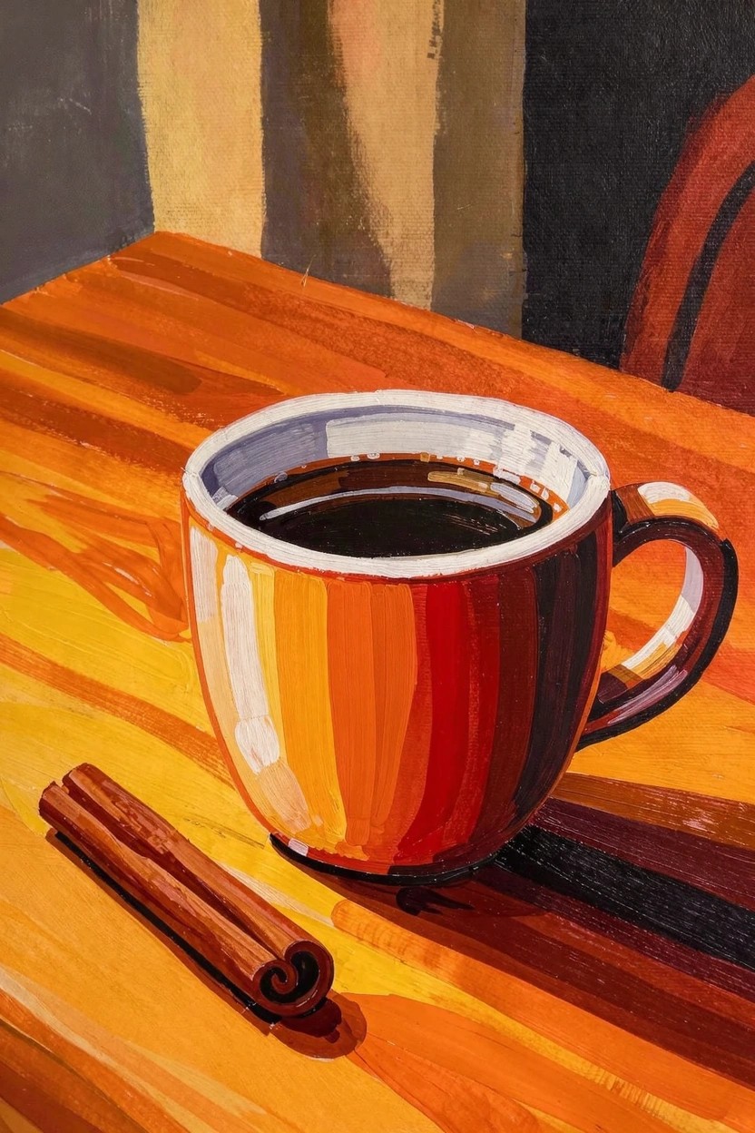 Acrylic painting of an orange striped mug with dark coffee and a cinnamon stick on a sunlit wooden table.